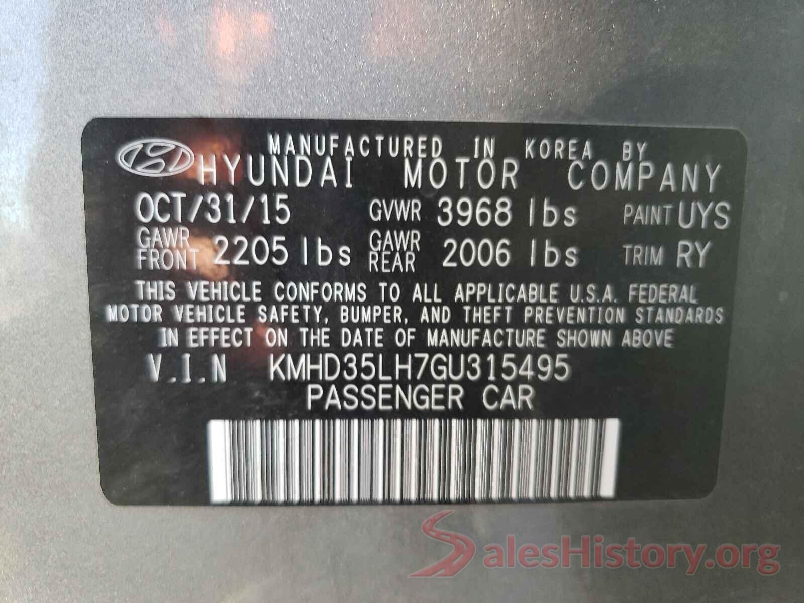 KMHD35LH7GU315495 2016 HYUNDAI ELANTRA