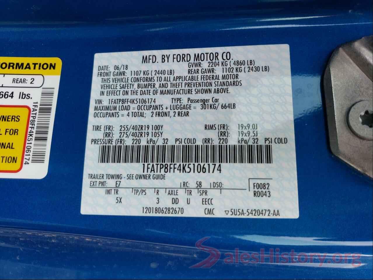 1FATP8FF4K5106174 2019 FORD MUSTANG