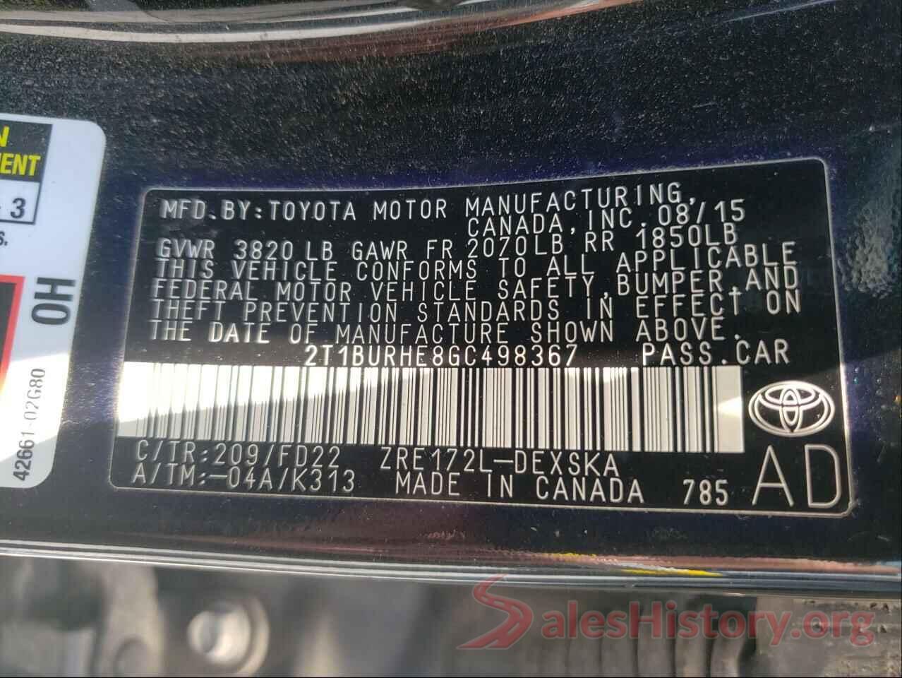 2T1BURHE8GC498367 2016 TOYOTA COROLLA