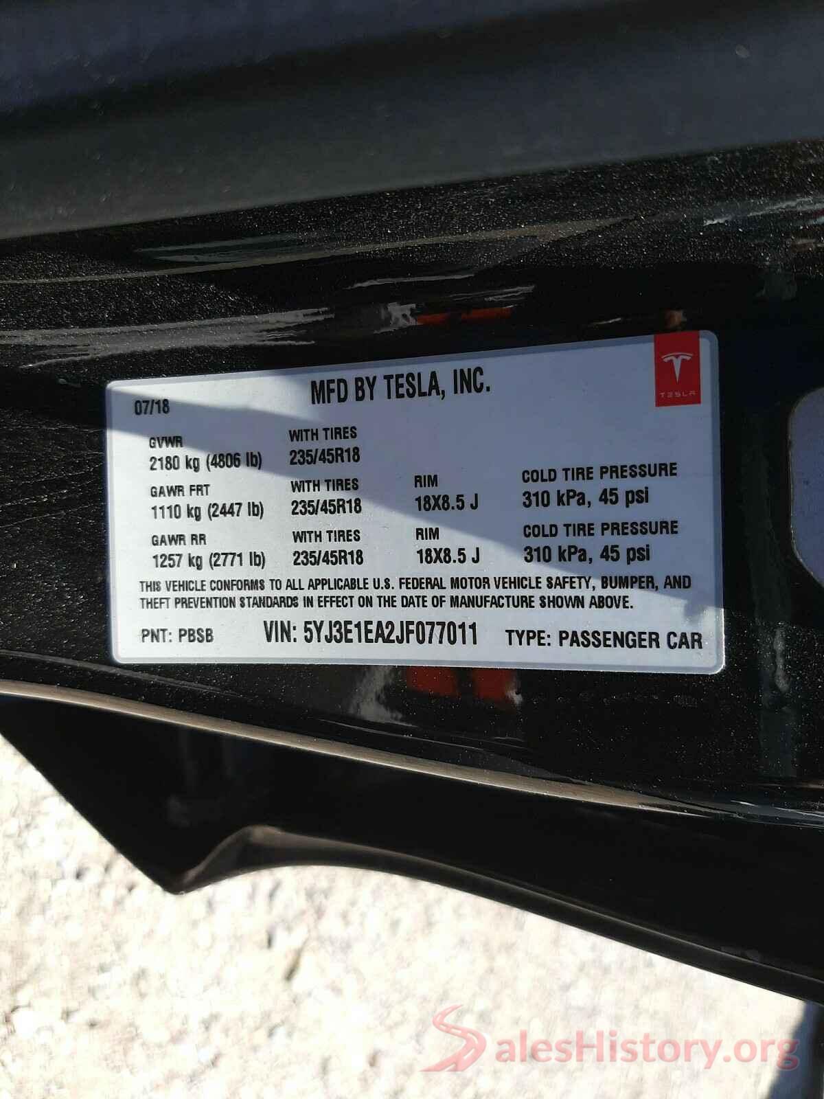 5YJ3E1EA2JF077011 2018 TESLA MODEL 3