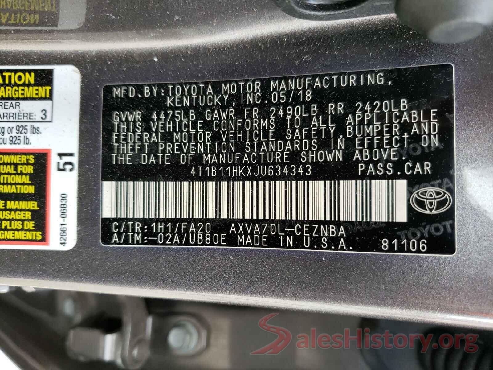 4T1B11HKXJU634343 2018 TOYOTA CAMRY