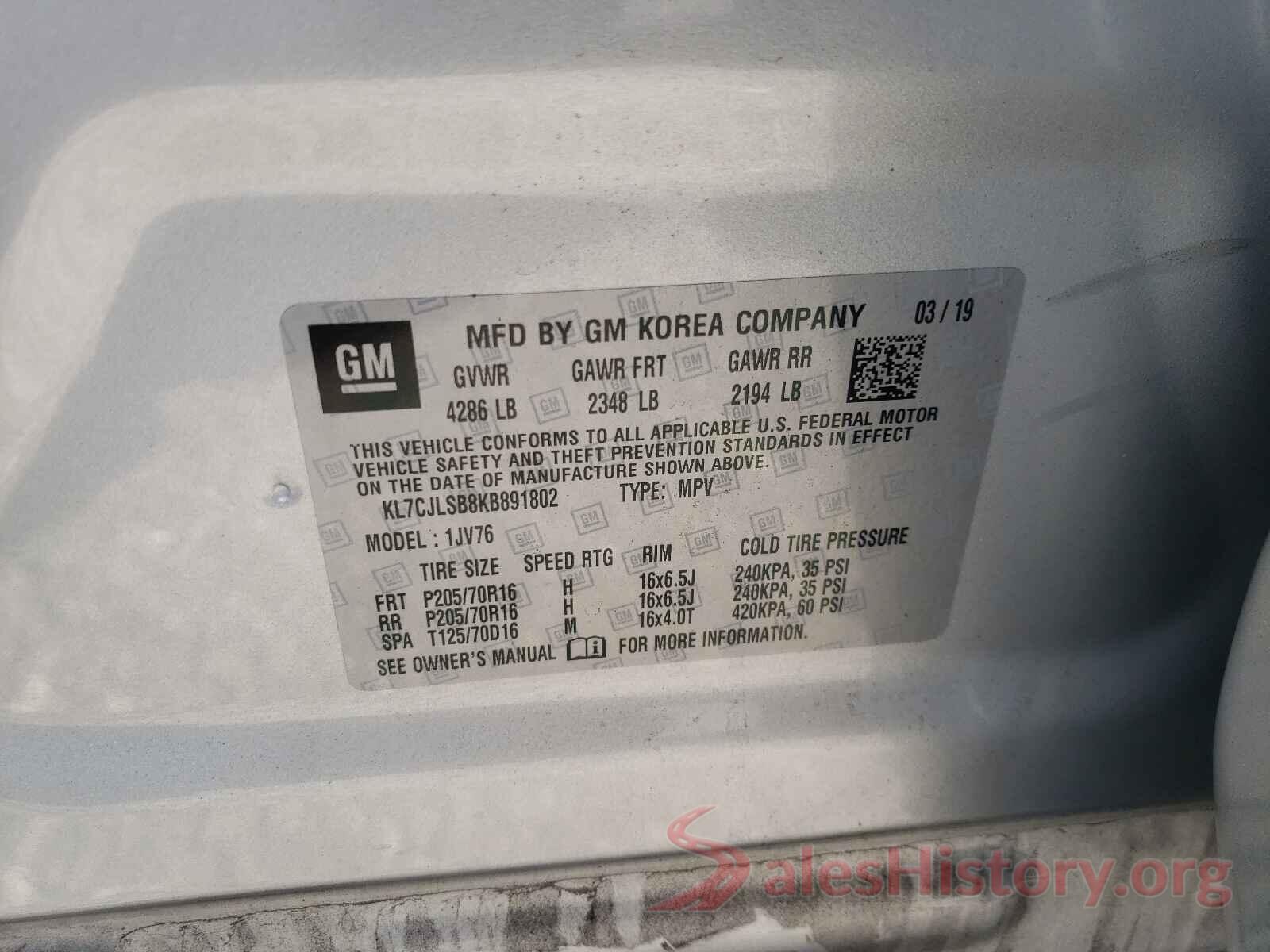 KL7CJLSB8KB891802 2019 CHEVROLET TRAX