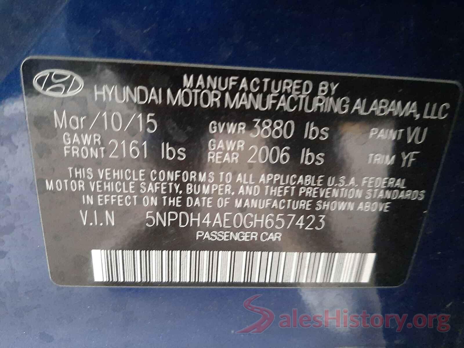 5NPDH4AE0GH657423 2016 HYUNDAI ELANTRA