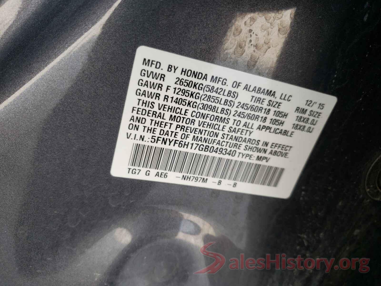 5FNYF6H17GB049340 2016 HONDA PILOT