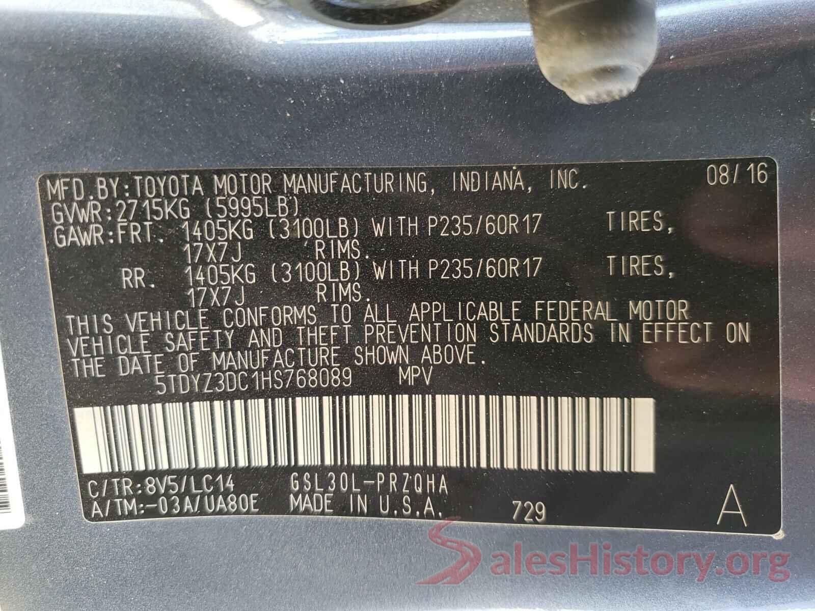 5TDYZ3DC1HS768089 2017 TOYOTA SIENNA