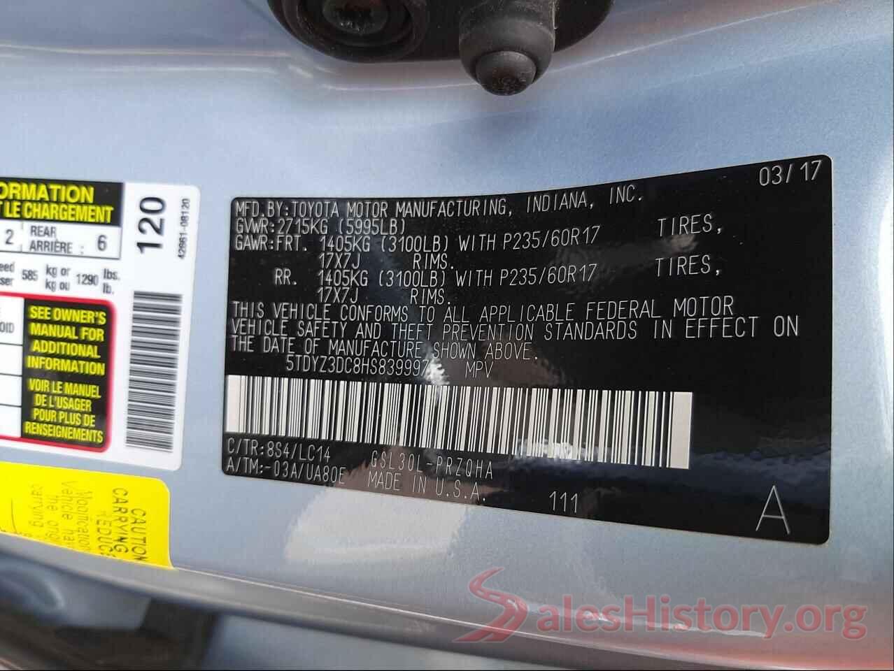 5TDYZ3DC8HS839997 2017 TOYOTA SIENNA