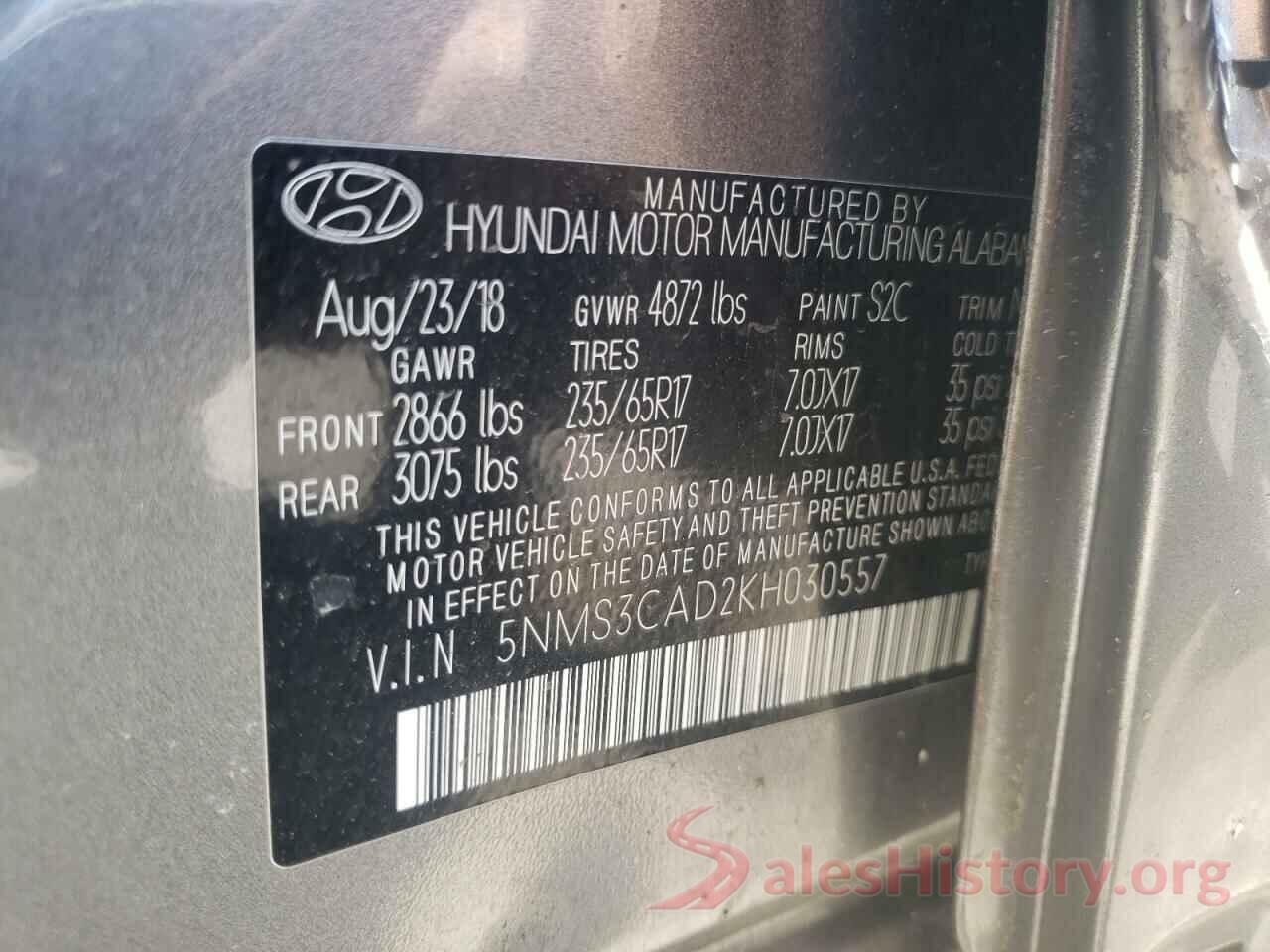 5NMS3CAD2KH030557 2019 HYUNDAI SANTA FE