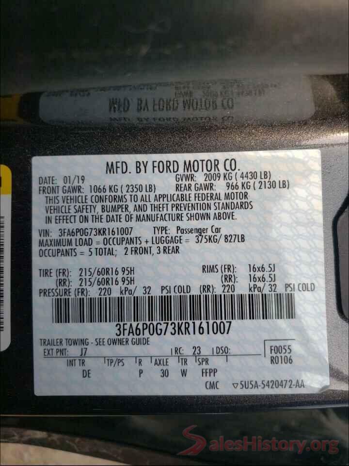 3FA6P0G73KR161007 2019 FORD FUSION