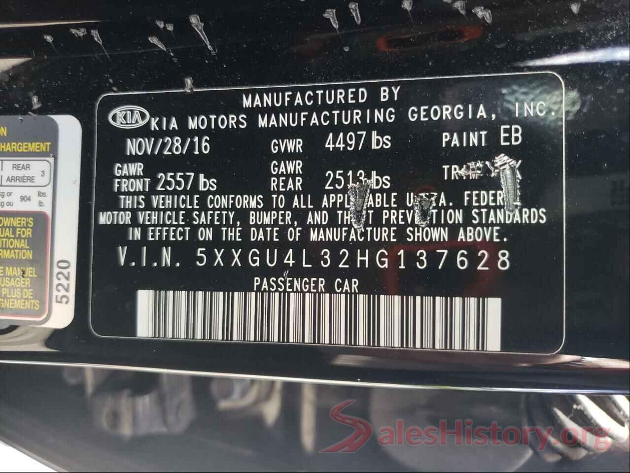 5XXGU4L32HG137628 2017 KIA OPTIMA