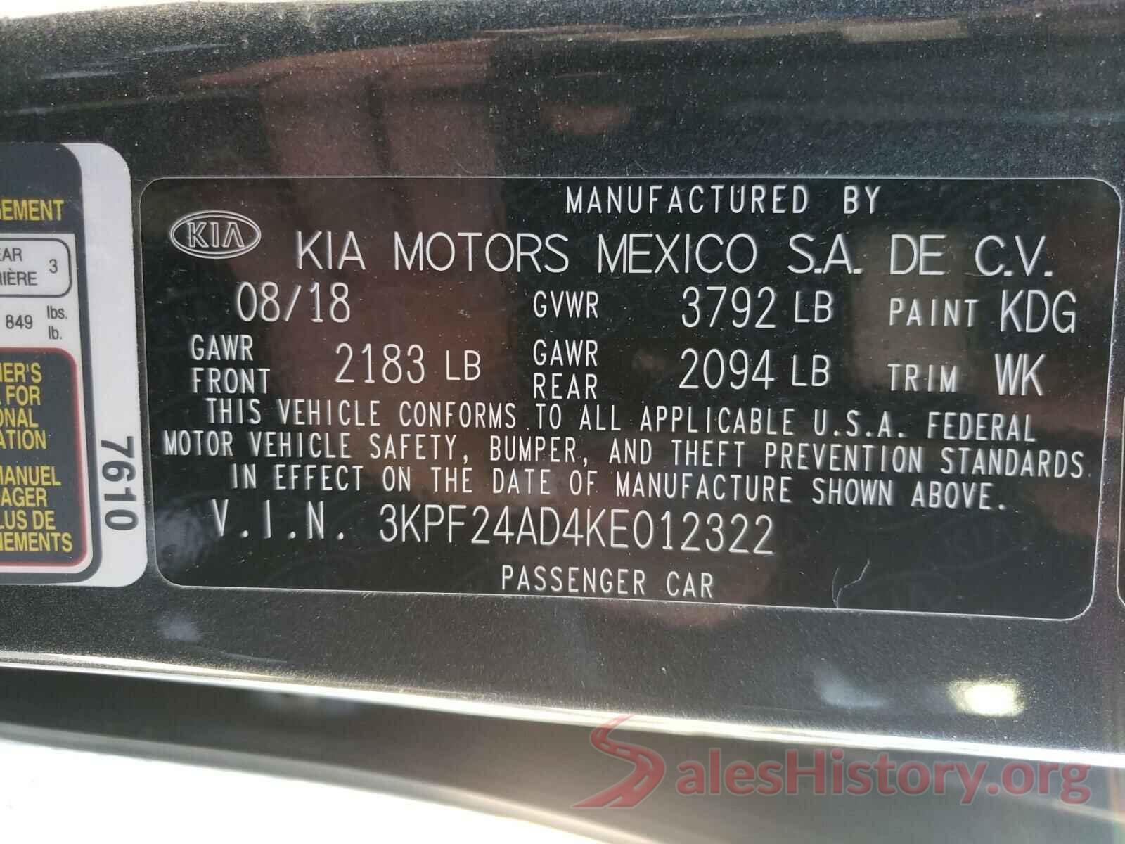 3KPF24AD4KE012322 2019 KIA FORTE