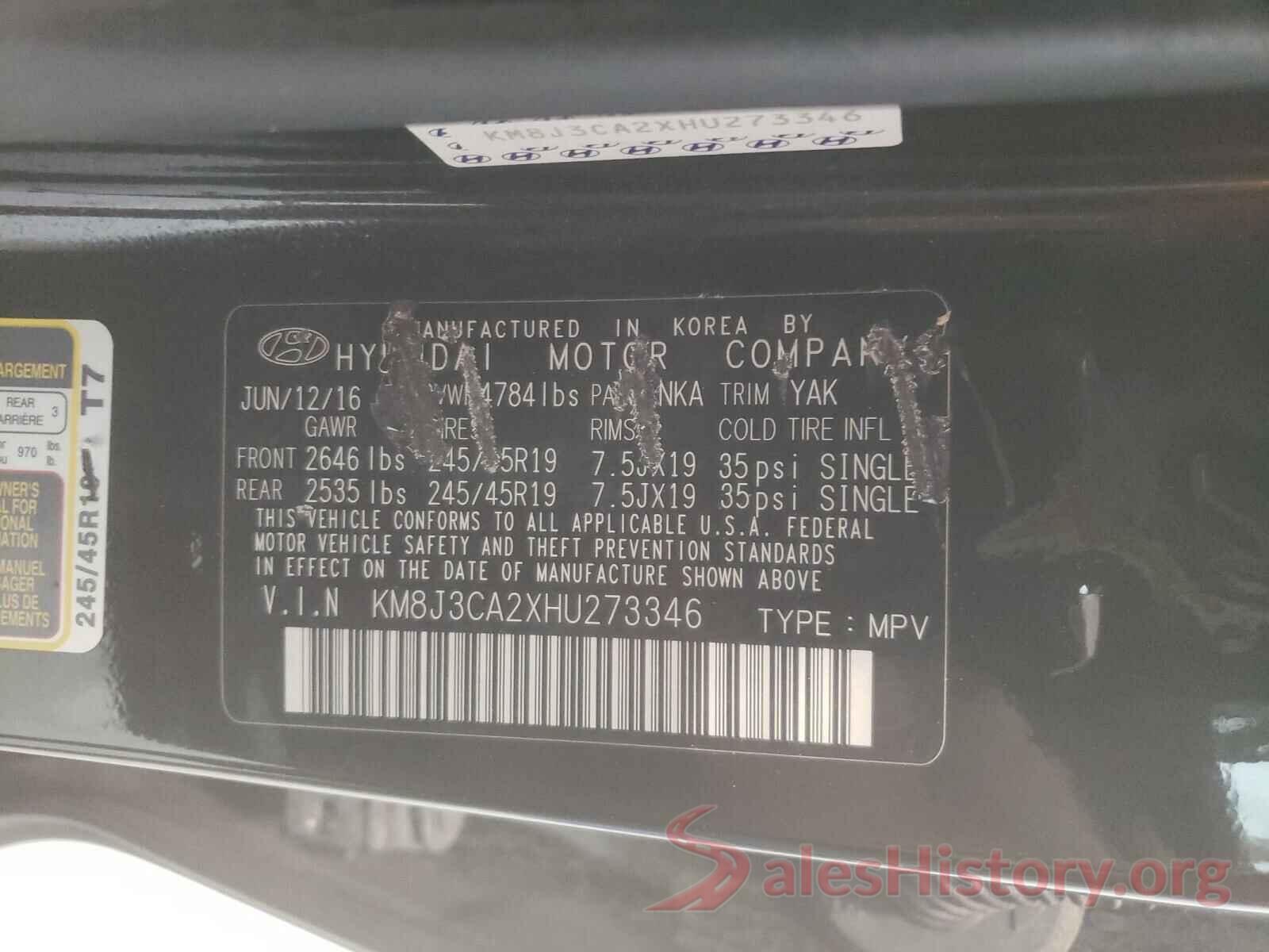 KM8J3CA2XHU273346 2017 HYUNDAI TUCSON