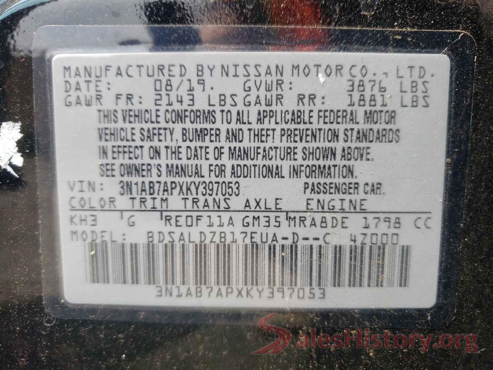 3N1AB7APXKY397053 2019 NISSAN SENTRA