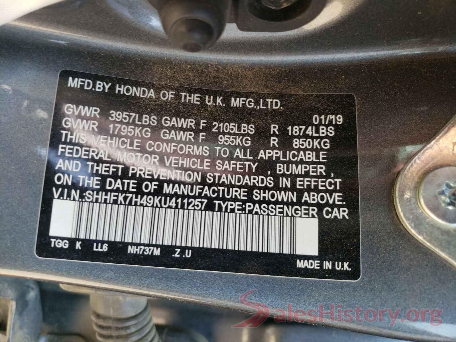 SHHFK7H49KU411257 2019 HONDA CIVIC