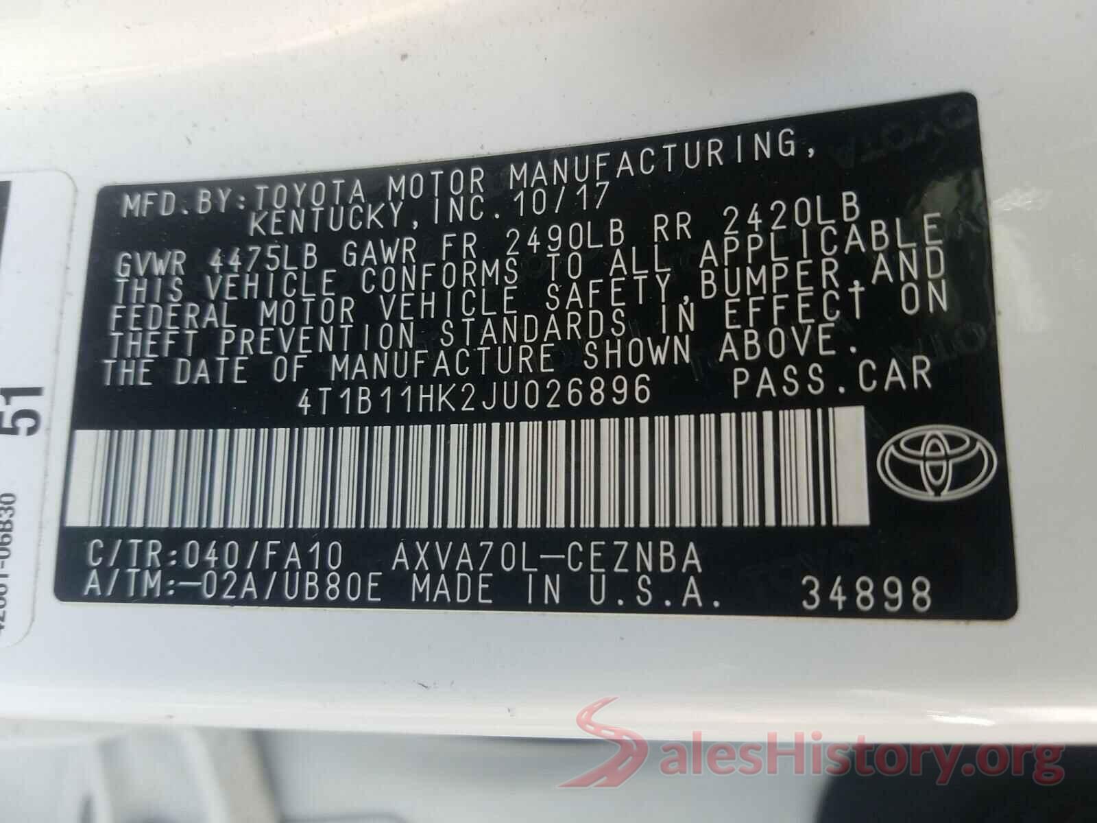 4T1B11HK2JU026896 2018 TOYOTA CAMRY