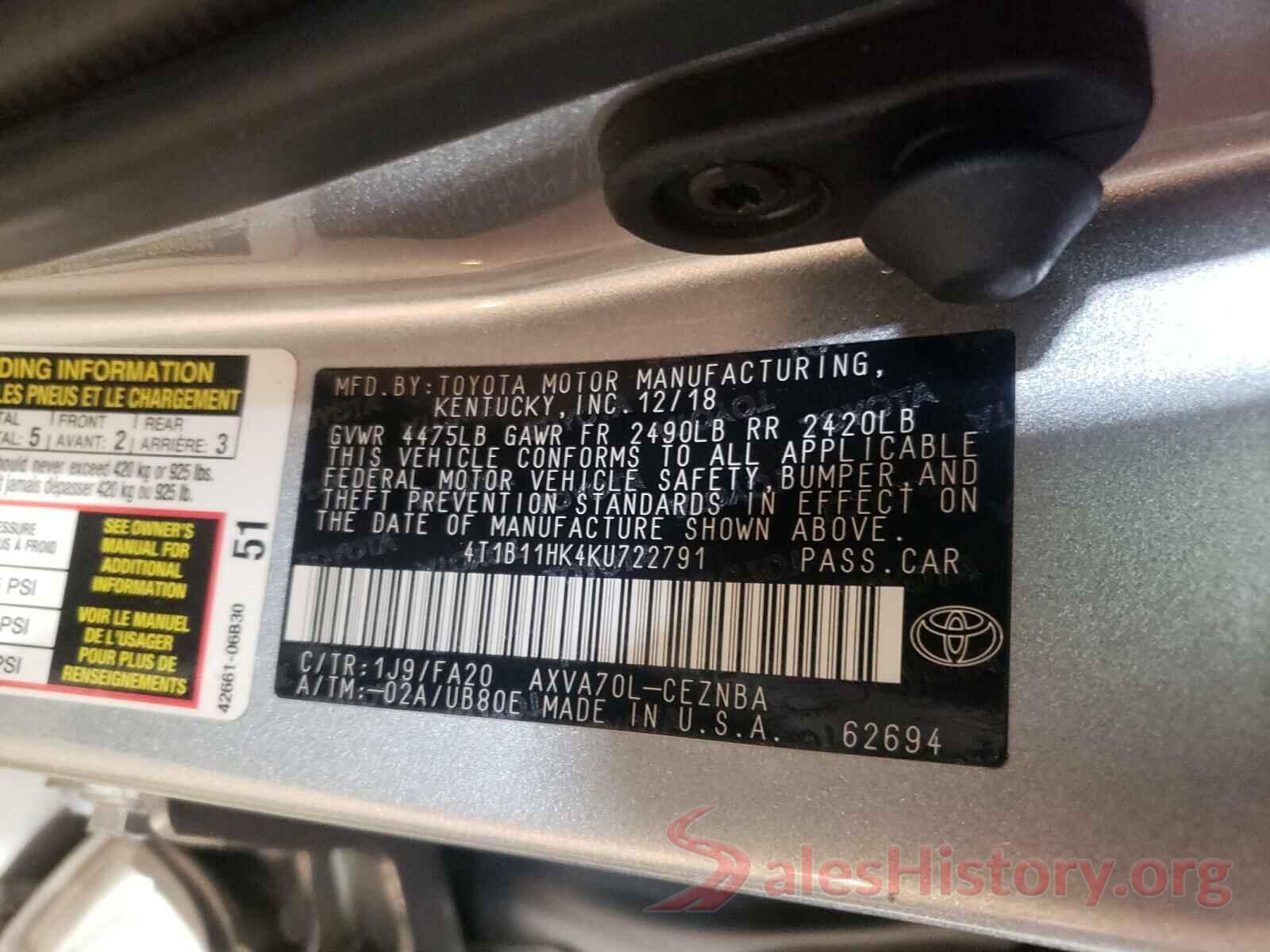 4T1B11HK4KU722791 2019 TOYOTA CAMRY