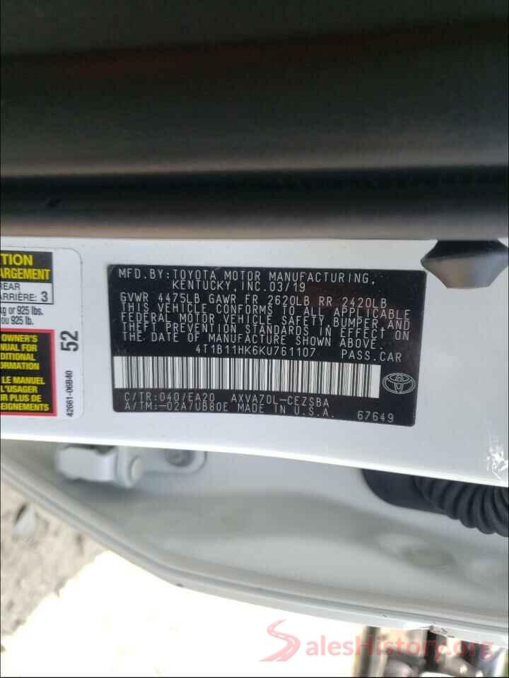 4T1B11HK6KU761107 2019 TOYOTA CAMRY