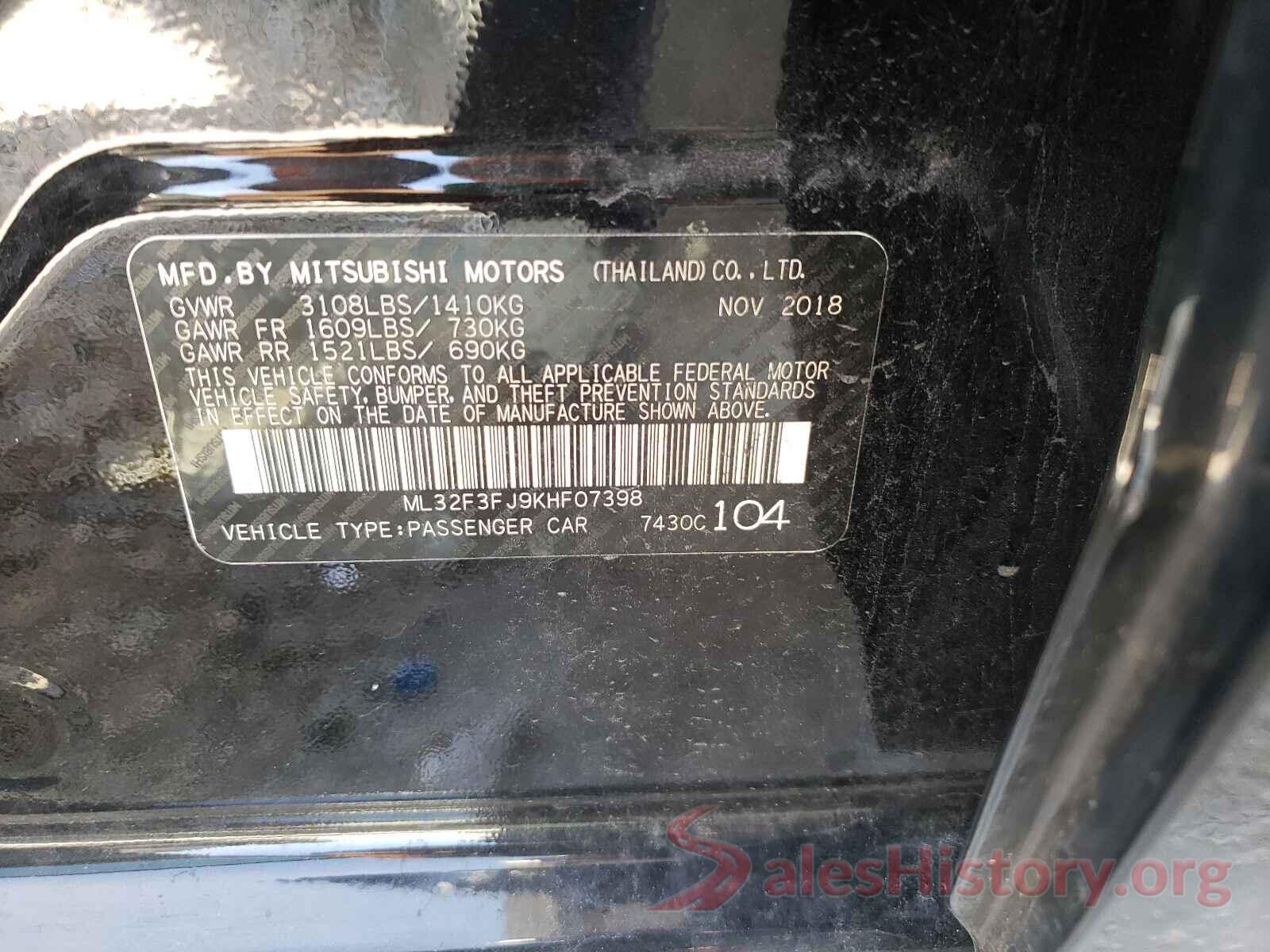 ML32F3FJ9KHF07398 2019 MITSUBISHI MIRAGE