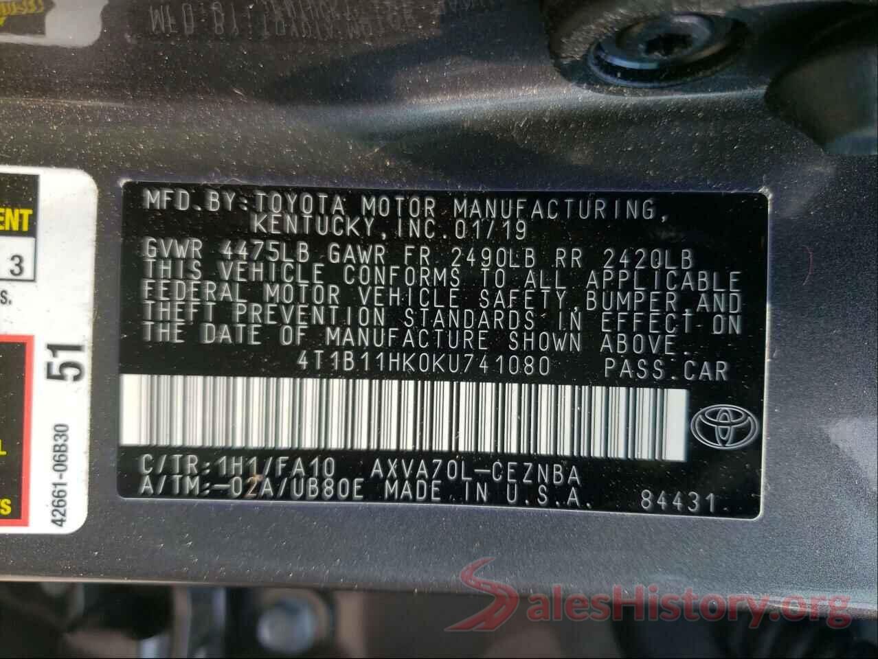 4T1B11HK0KU741080 2019 TOYOTA CAMRY