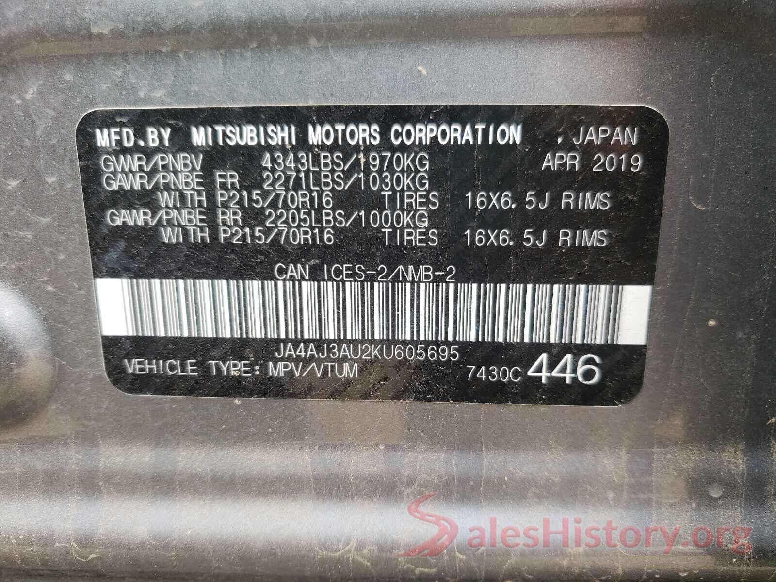 JA4AJ3AU2KU605695 2019 MITSUBISHI OUTLANDER