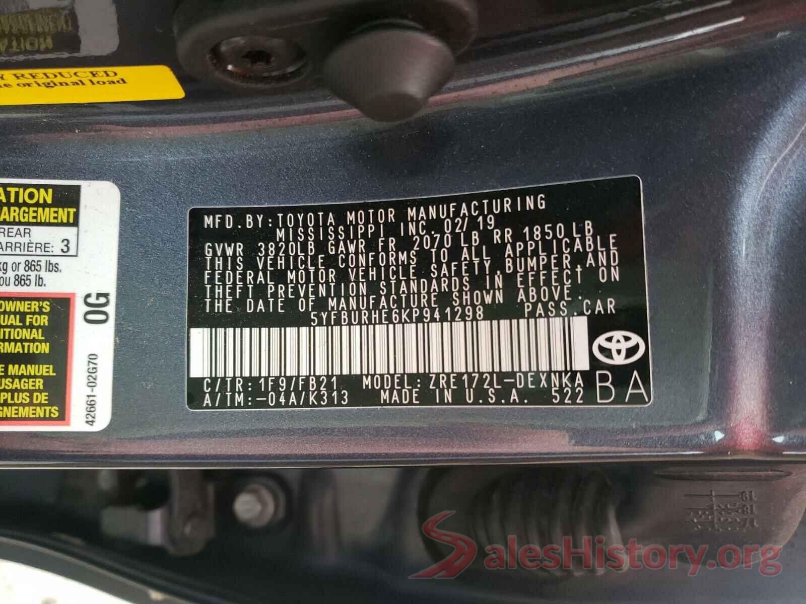 5YFBURHE6KP941298 2019 TOYOTA COROLLA