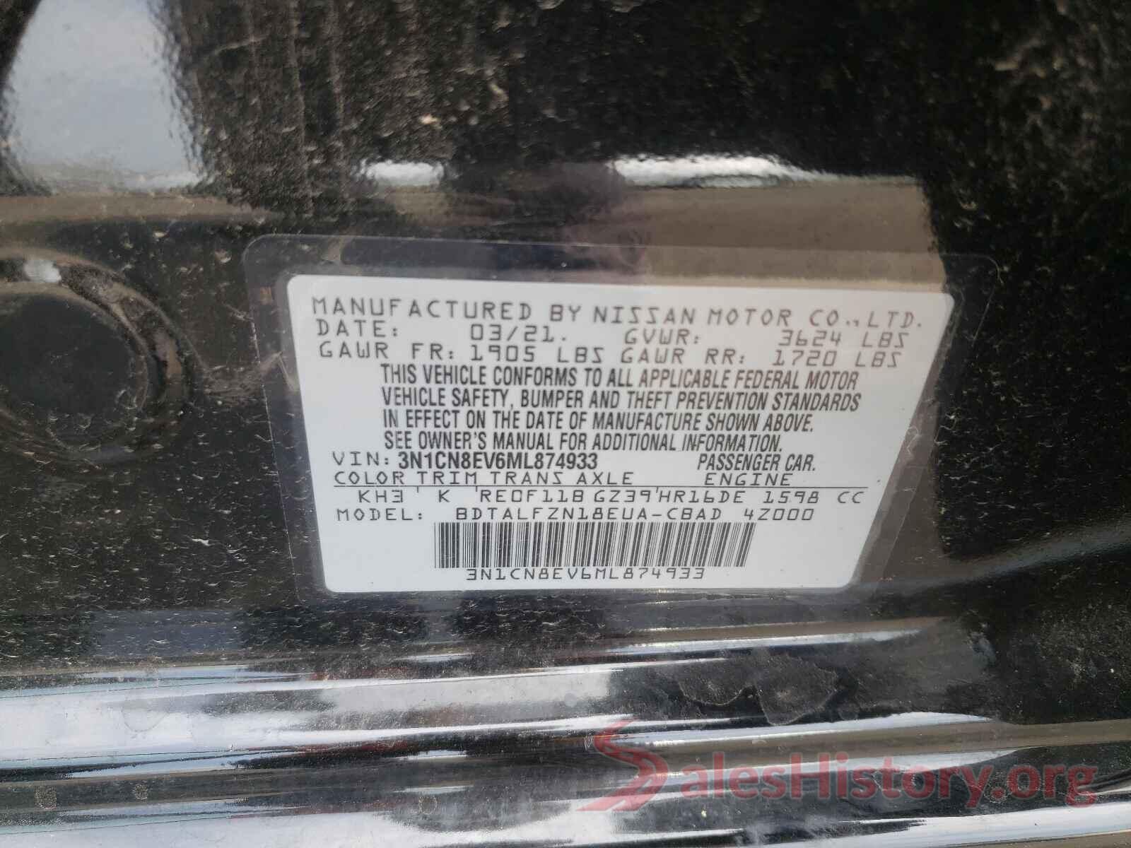 3N1CN8EV6ML874933 2021 NISSAN VERSA