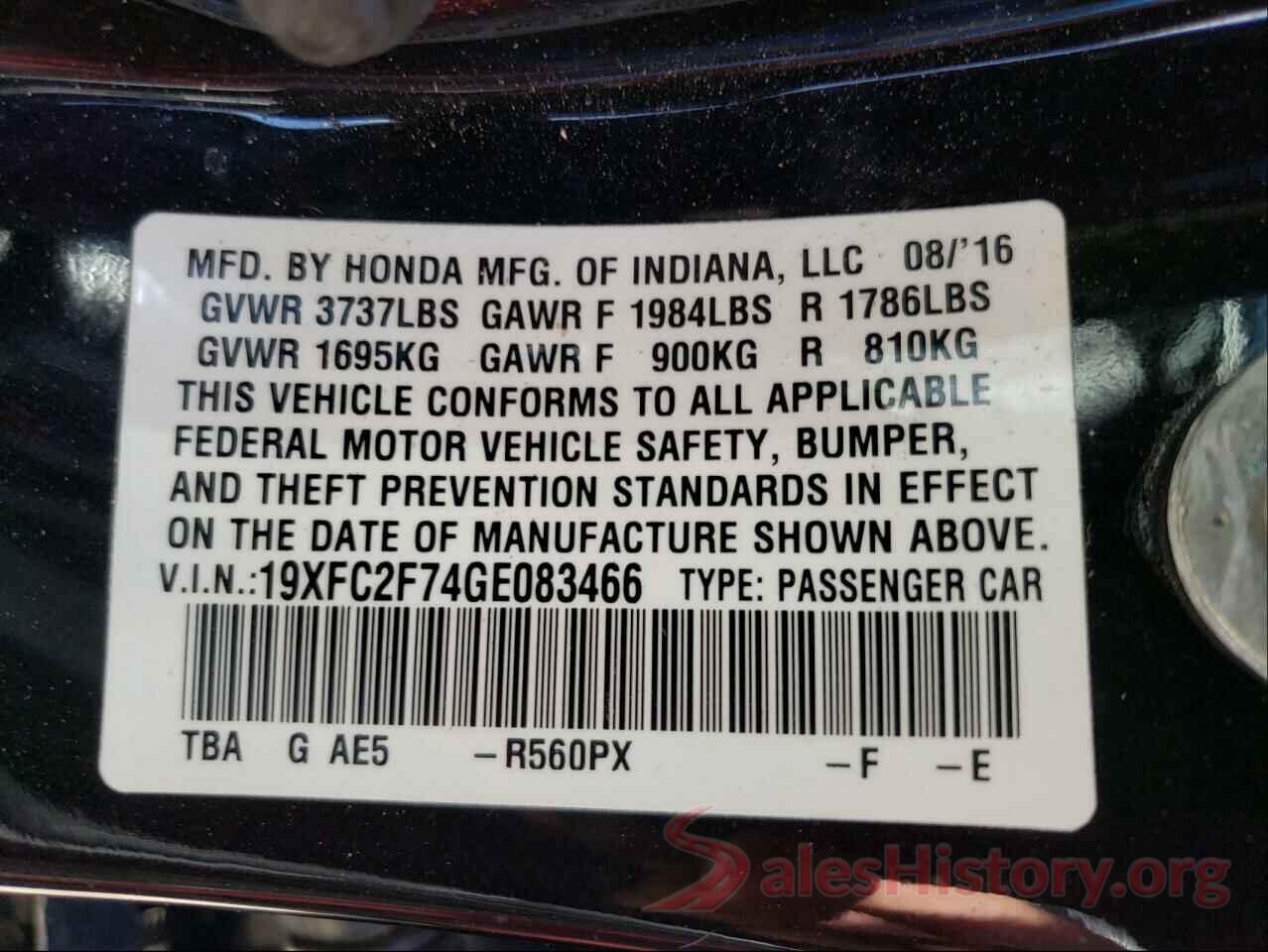 19XFC2F74GE083466 2016 HONDA CIVIC