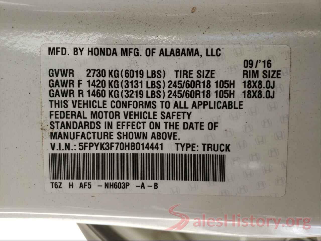 5FPYK3F70HB014441 2017 HONDA RIDGELINE