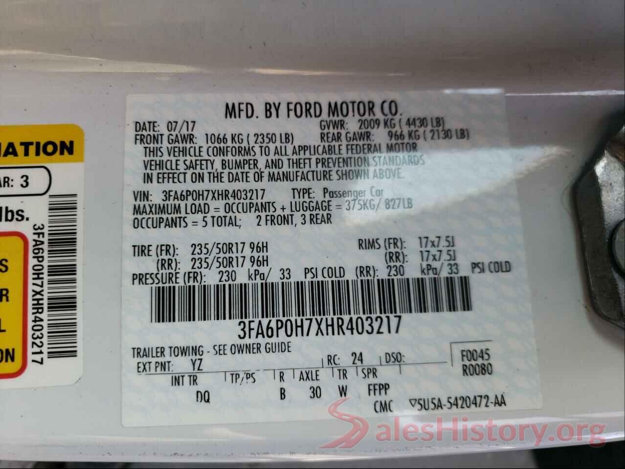 3FA6P0H7XHR403217 2017 FORD FUSION