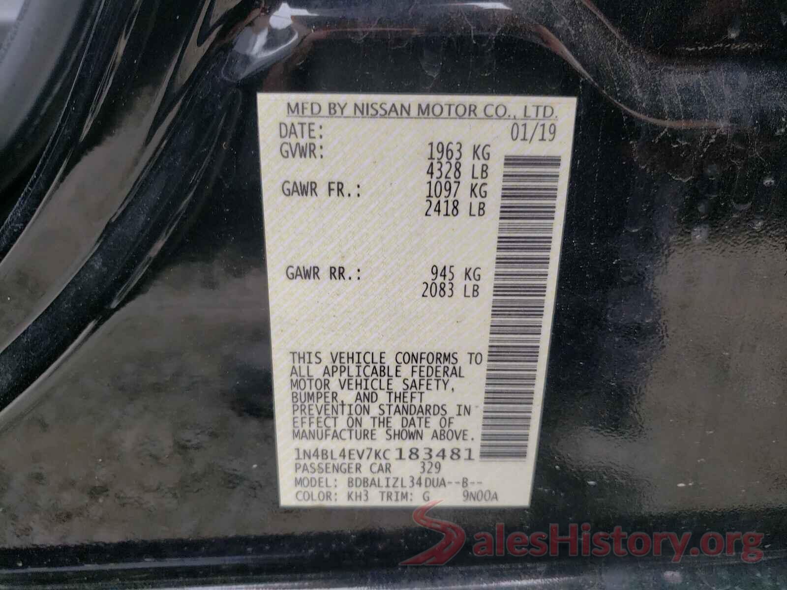 1N4BL4EV7KC183481 2019 NISSAN ALTIMA