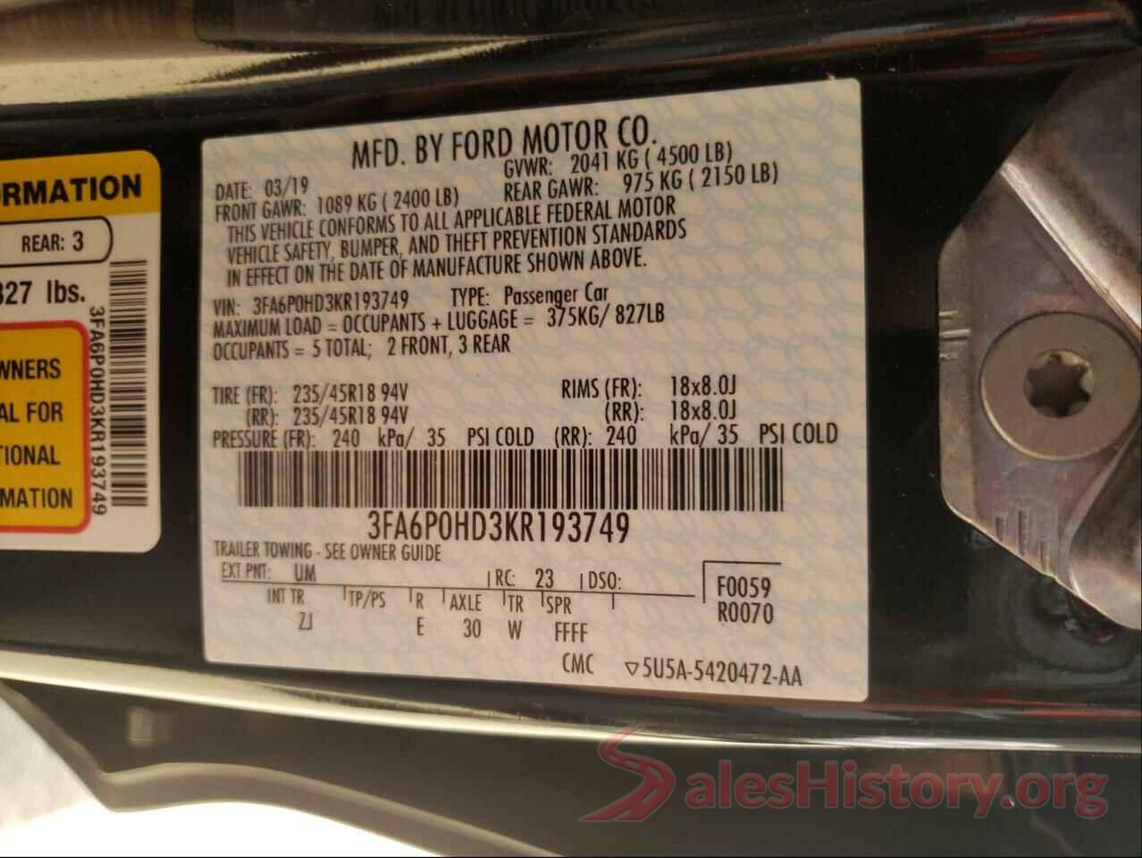 3FA6P0HD3KR193749 2019 FORD FUSION