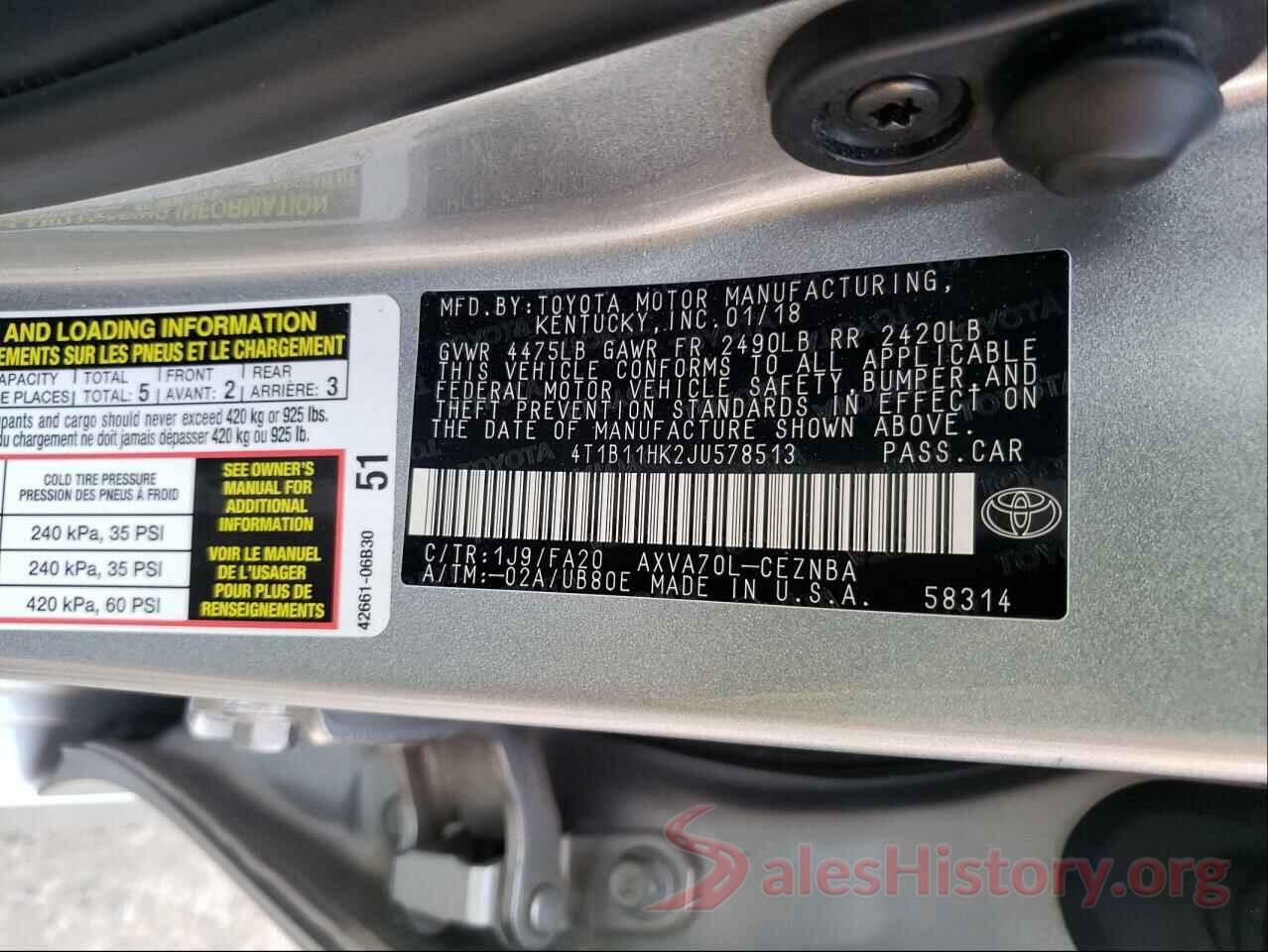 4T1B11HK2JU578513 2018 TOYOTA CAMRY