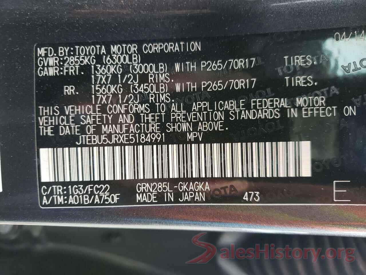 JTEBU5JRXE5184991 2014 TOYOTA 4RUNNER