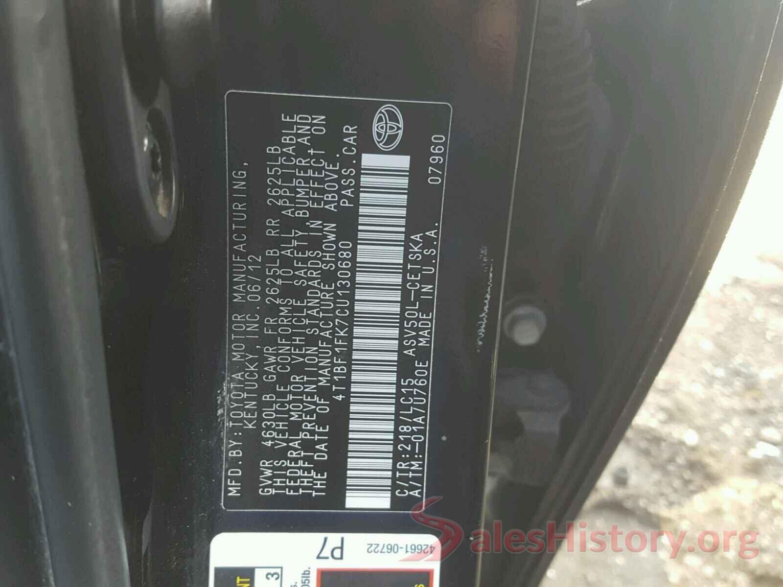 4T1BF1FK7CU130680 2012 TOYOTA CAMRY BASE