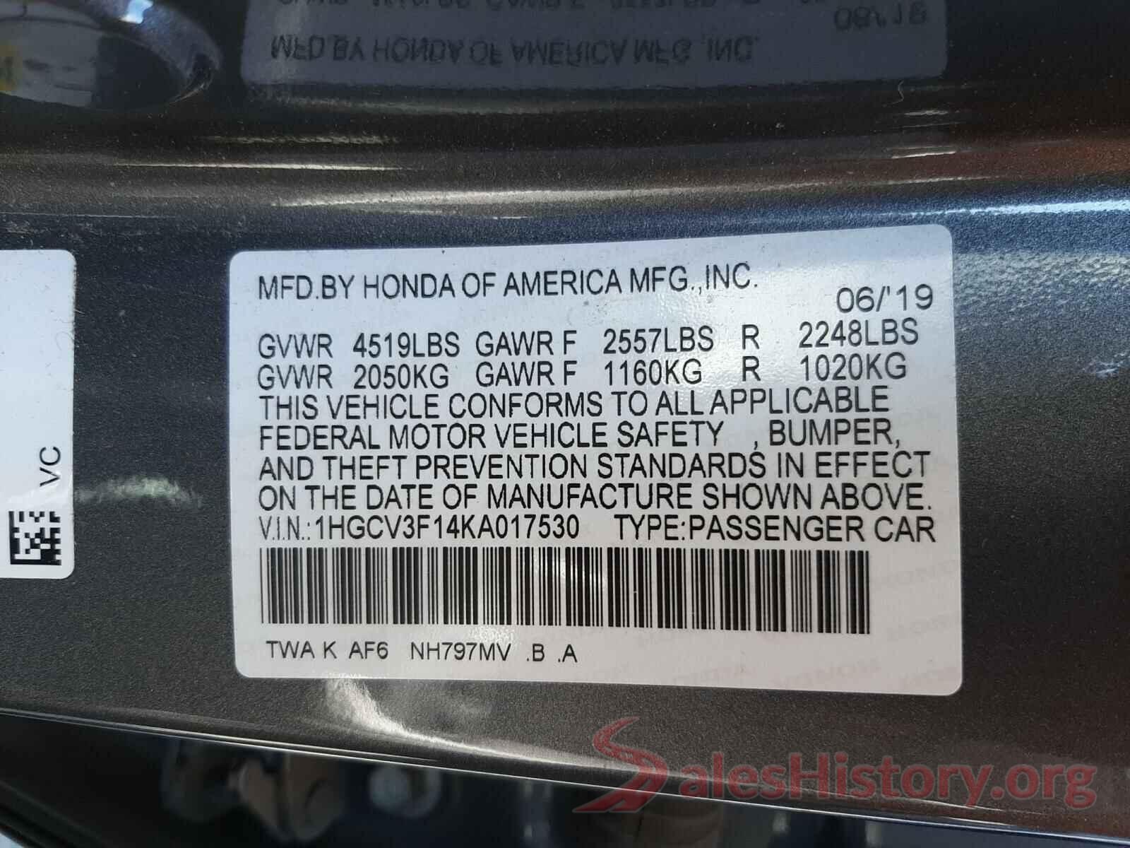 1HGCV3F14KA017530 2019 HONDA ACCORD