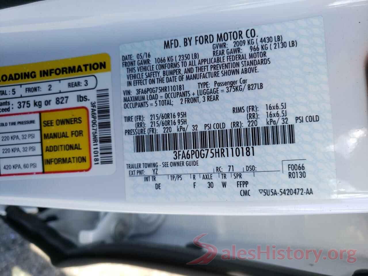 3FA6P0G75HR110181 2017 FORD FUSION