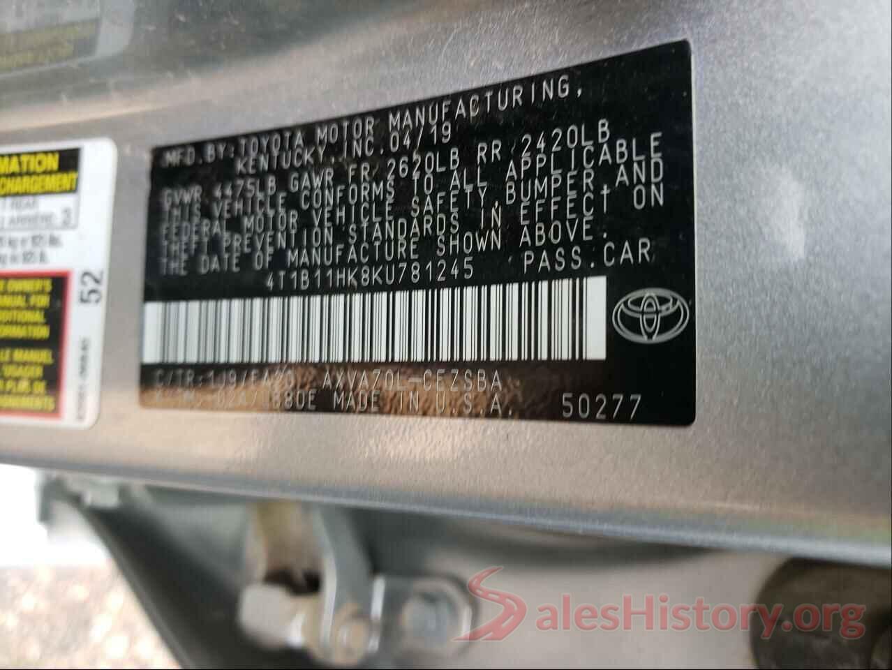 4T1B11HK8KU781245 2019 TOYOTA CAMRY