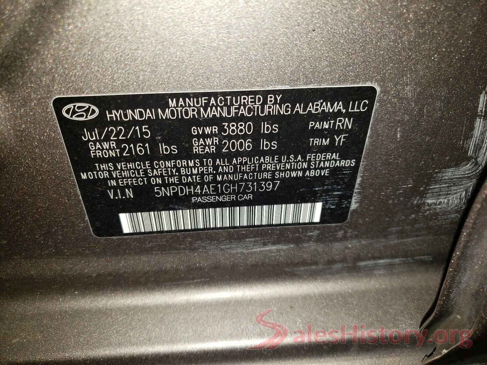 5NPDH4AE1GH731397 2016 HYUNDAI ELANTRA