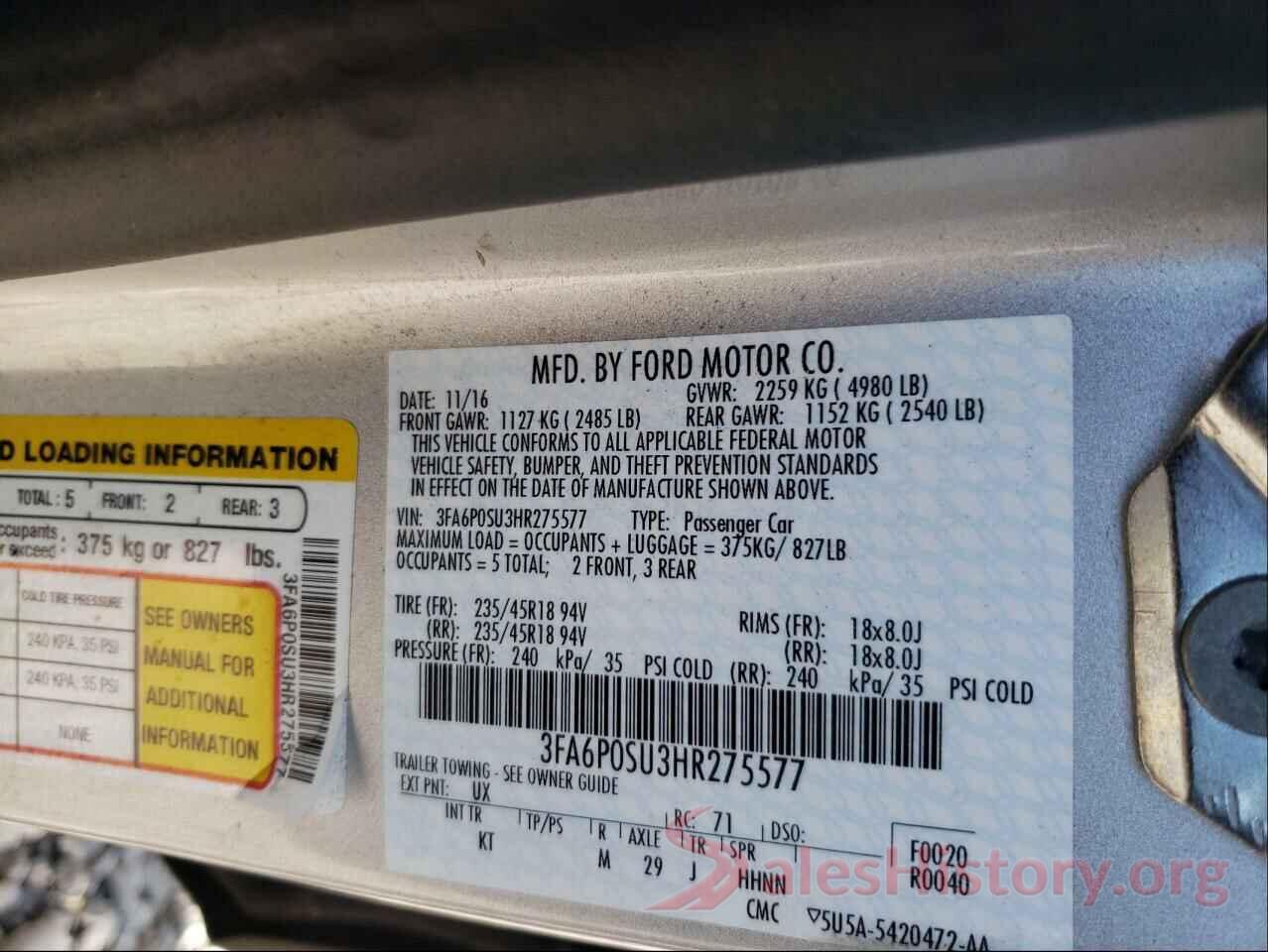 3FA6P0SU3HR275577 2017 FORD FUSION