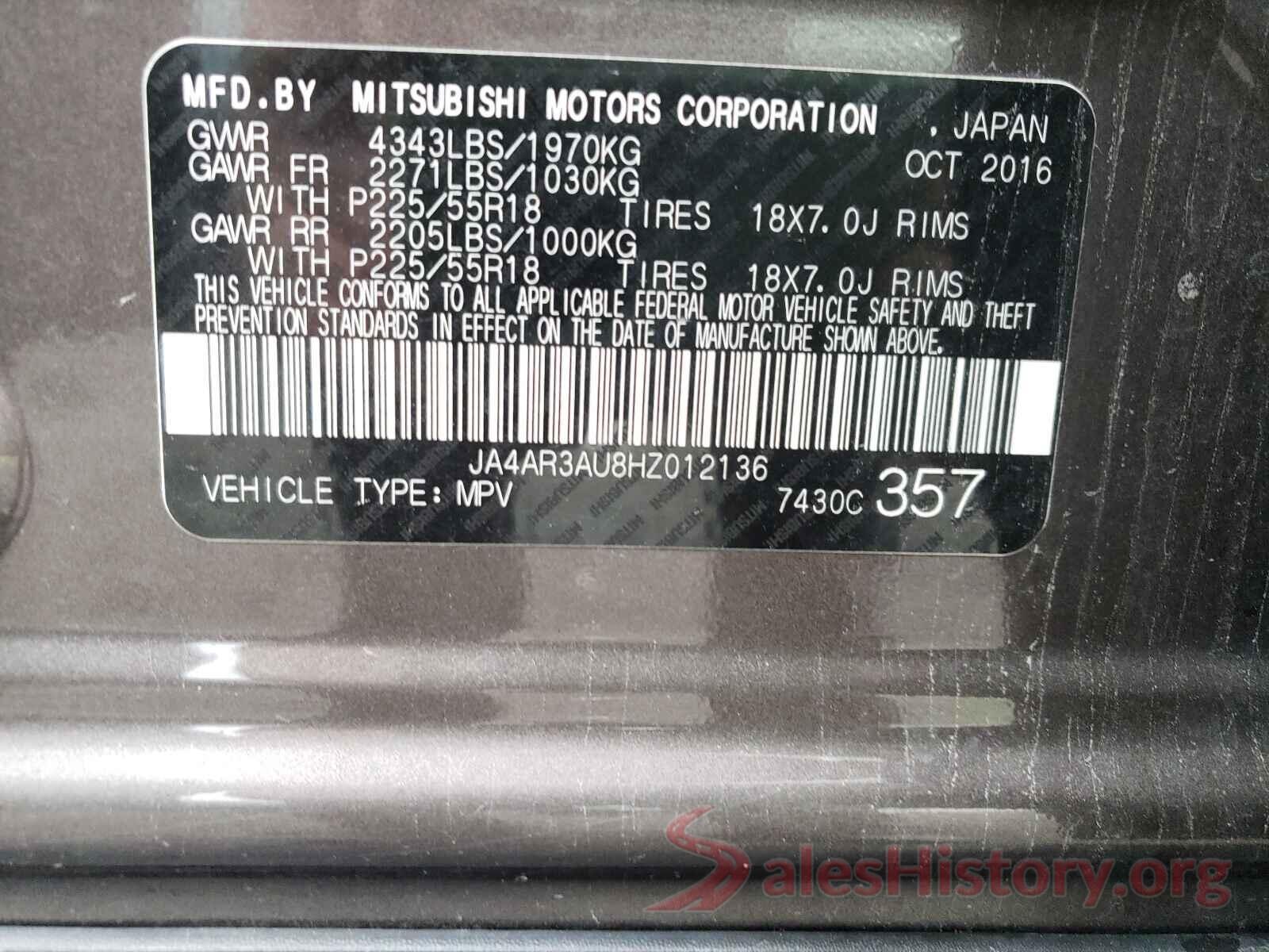 JA4AR3AU8HZ012136 2017 MITSUBISHI OUTLANDER