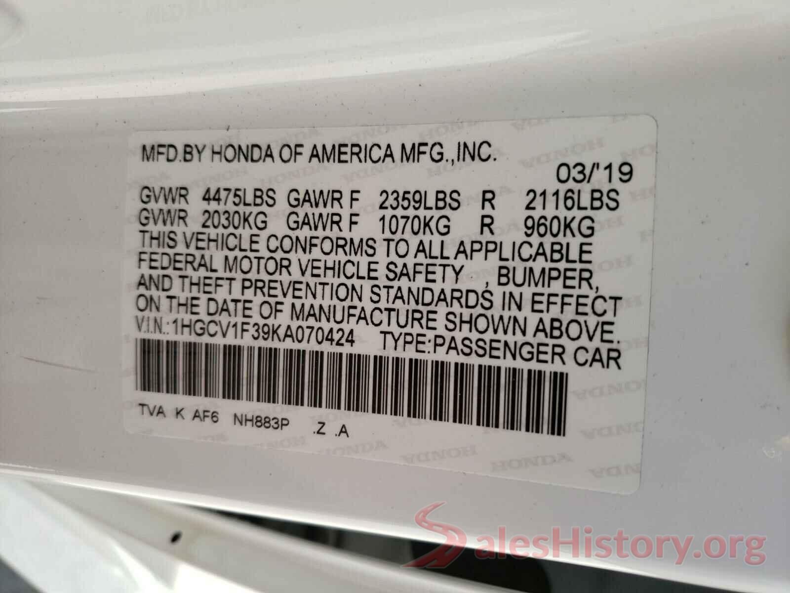 1HGCV1F39KA070424 2019 HONDA ACCORD