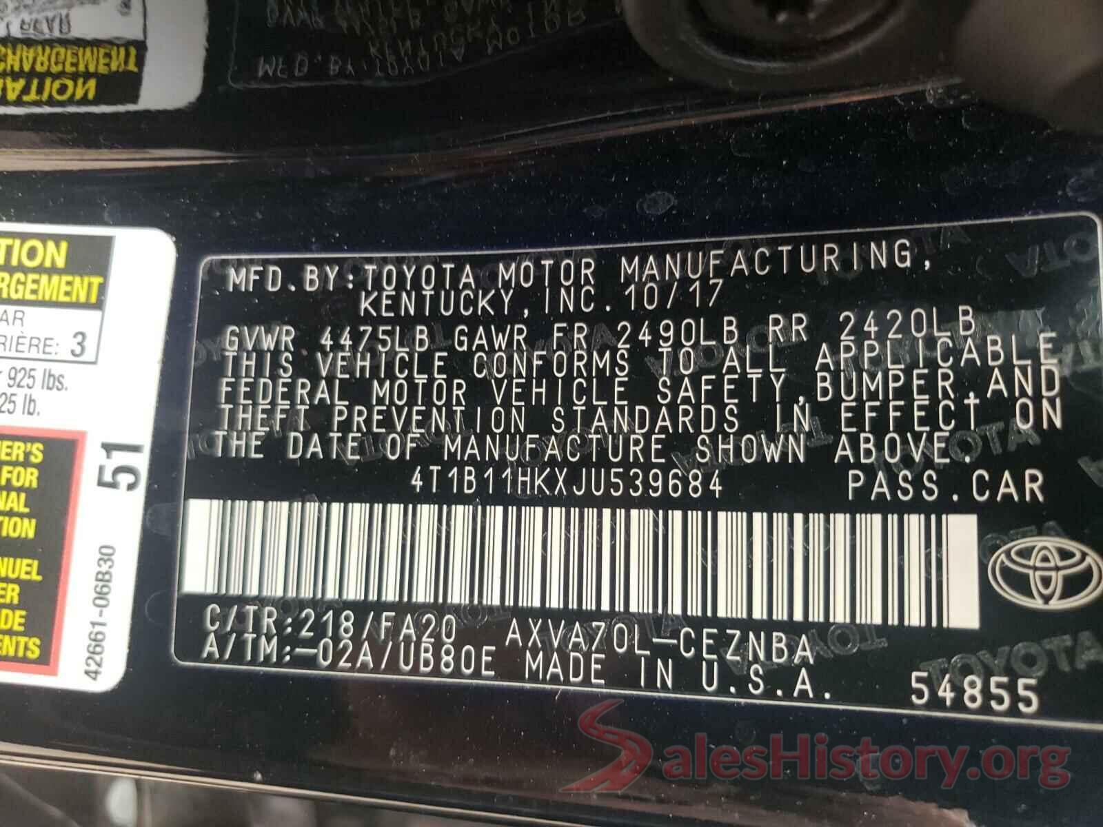 4T1B11HKXJU539684 2018 TOYOTA CAMRY