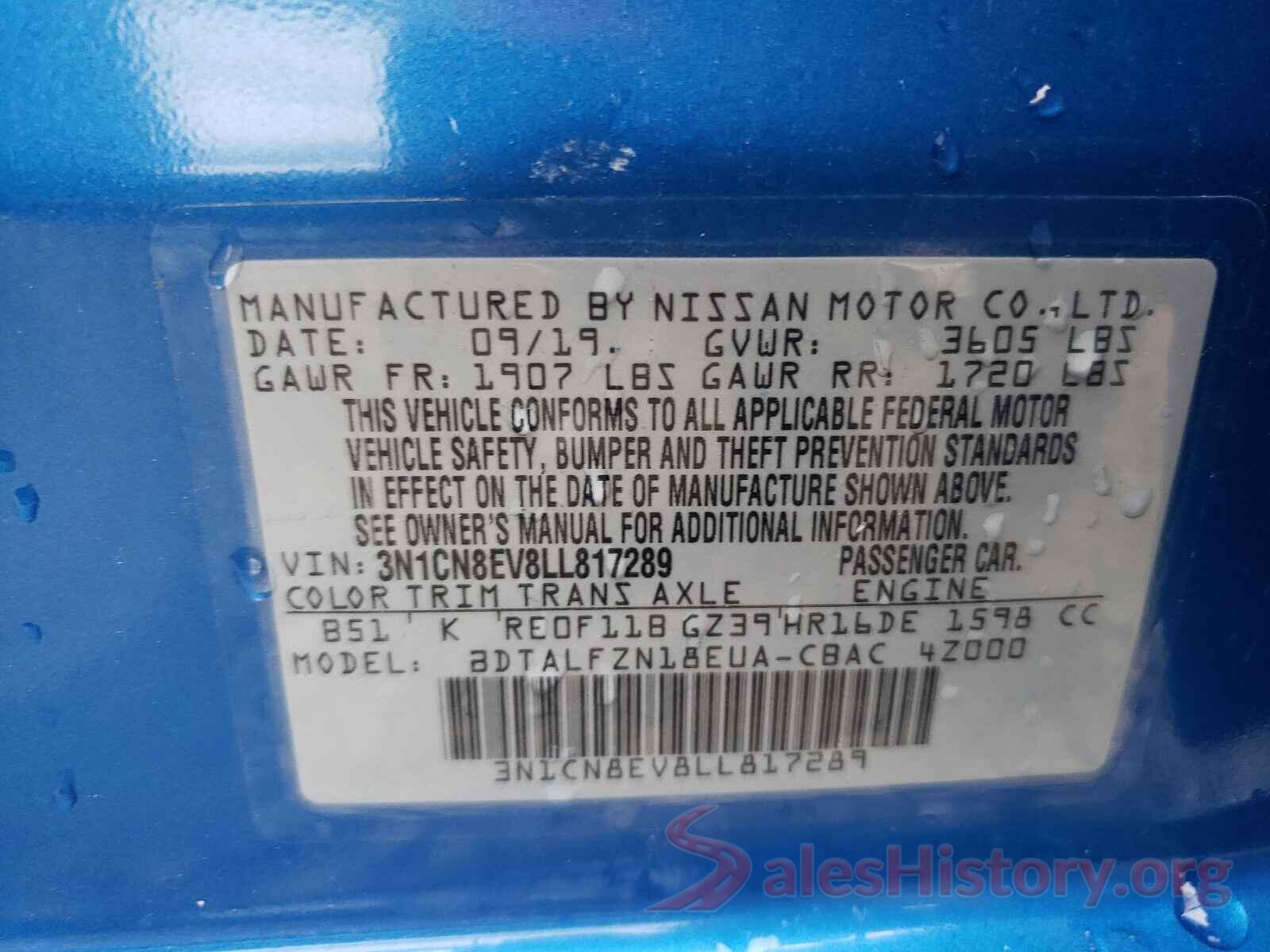 3N1CN8EV8LL817289 2020 NISSAN VERSA