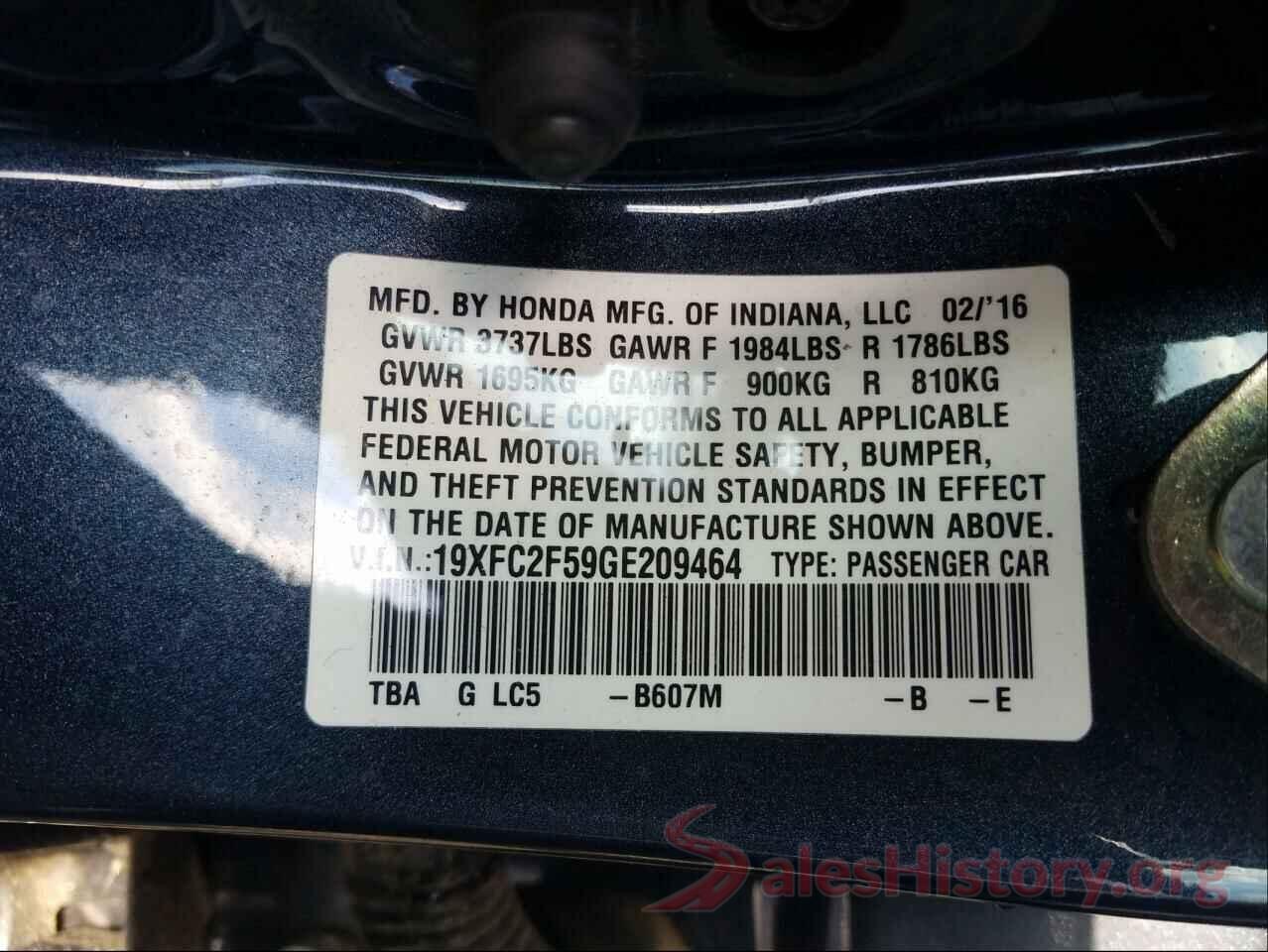 19XFC2F59GE209464 2016 HONDA CIVIC