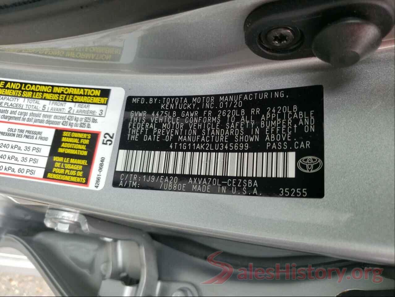 4T1G11AK2LU345699 2020 TOYOTA CAMRY