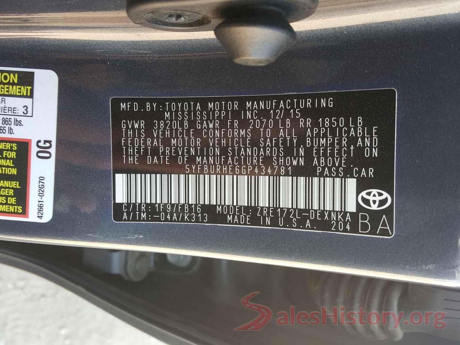 5YFBURHE6GP434781 2016 TOYOTA COROLLA