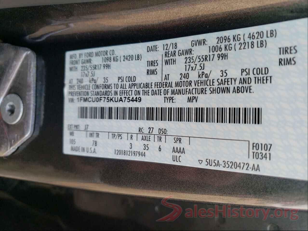 1FMCU0F75KUA75449 2019 FORD ESCAPE