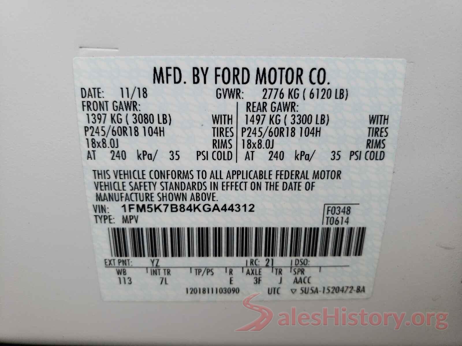 1FM5K7B84KGA44312 2019 FORD EXPLORER