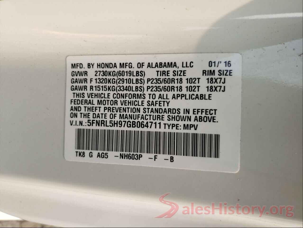 5FNRL5H97GB064711 2016 HONDA ODYSSEY