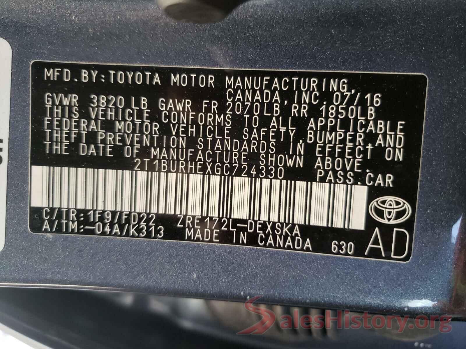 2T1BURHEXGC724330 2016 TOYOTA COROLLA