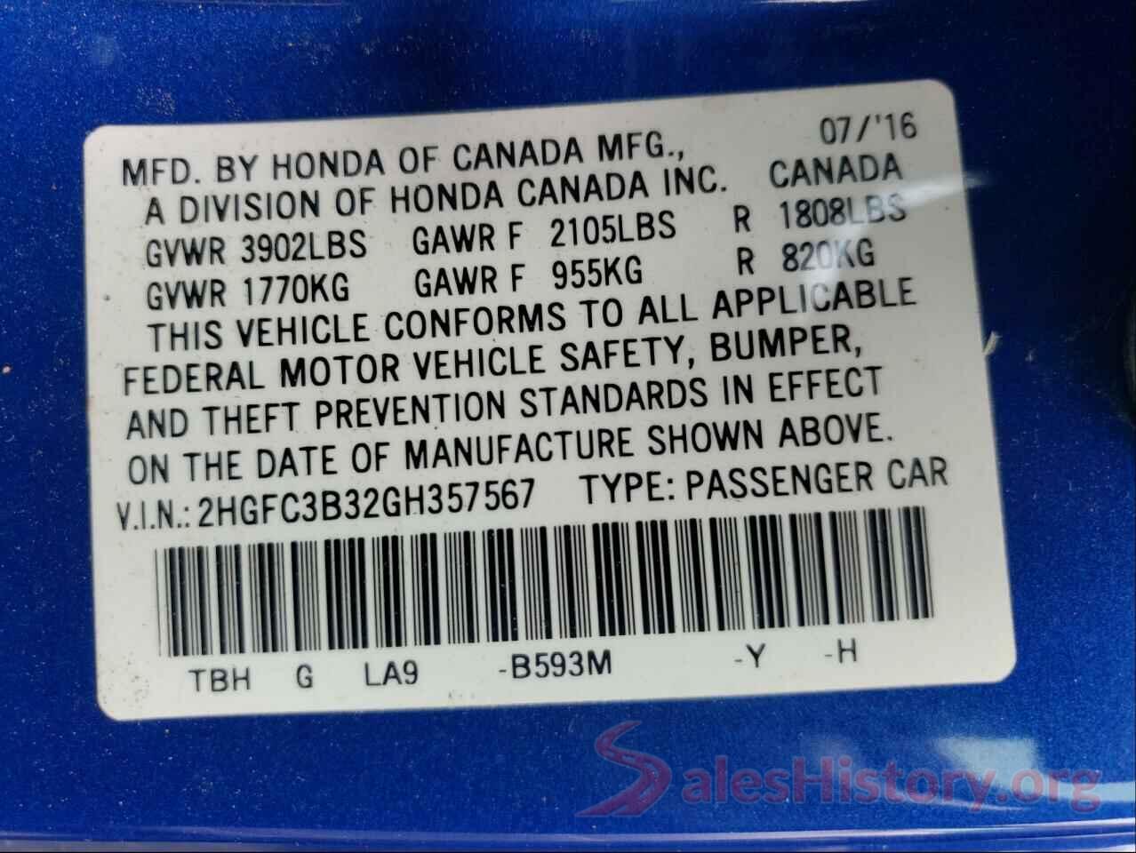 2HGFC3B32GH357567 2016 HONDA CIVIC